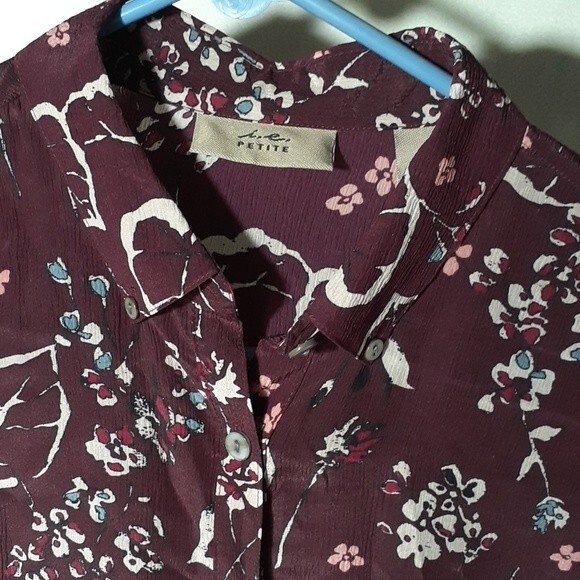 i.e. Silk shirt ie m 8 petite 8p pm mp burgundy red top blouse paisley floral - Picture 3 of 6